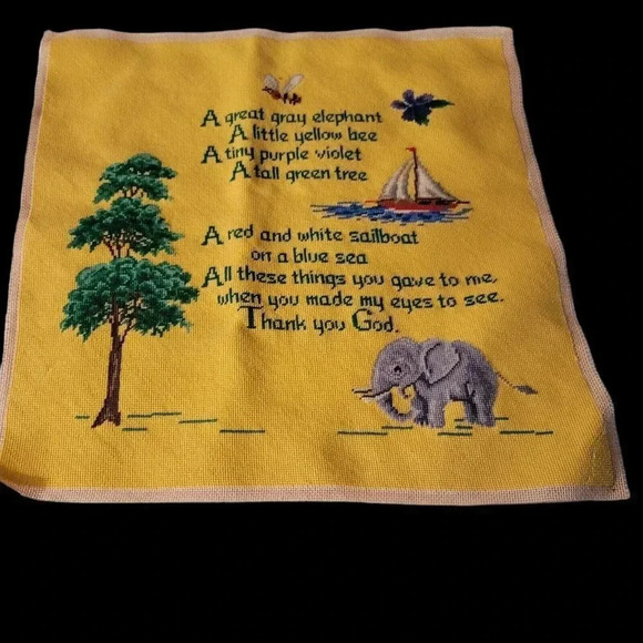 VTG Yellow Elephant Bee Tree Needlecraft Needlepoint Nursery Kids Prayer - Picture 1 of 15